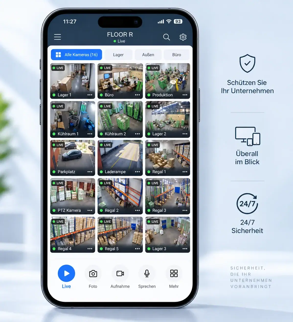 Smartphone-App mit Live-Ansicht von 16 Überwachungskameras – Fernzugriff auf die Videoüberwachung